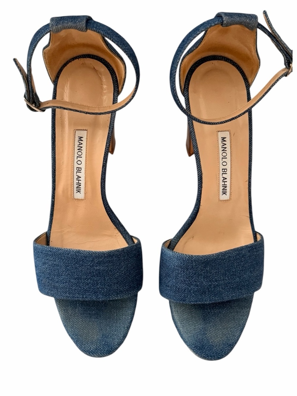 Manolo Blahnik Blue Denim Open-Toe Ankle-Strap Sandals Size 40 / US 10